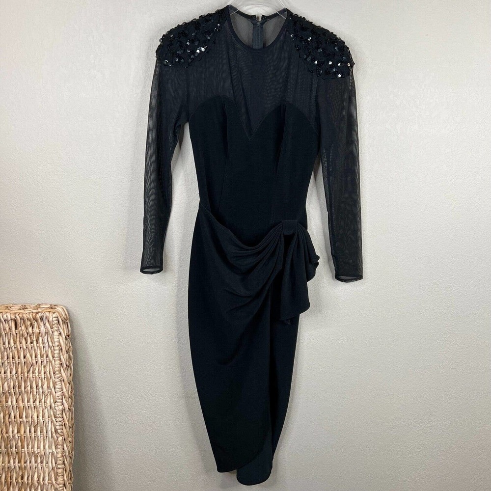 Vintage Betsy & Adam Evening Dress Medium Black Long Sleeve Draped Sequined Prom